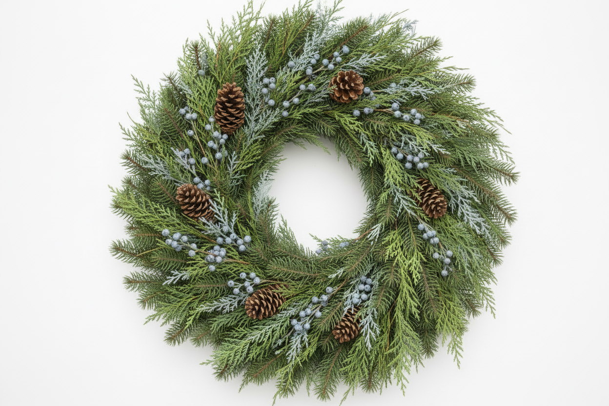 Make the berried juniper smaller and the pinecones in small clusters throughout the wreath