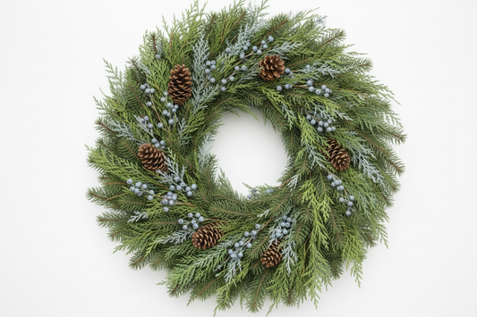 Make the berried juniper smaller and the pinecones in small clusters throughout the wreath