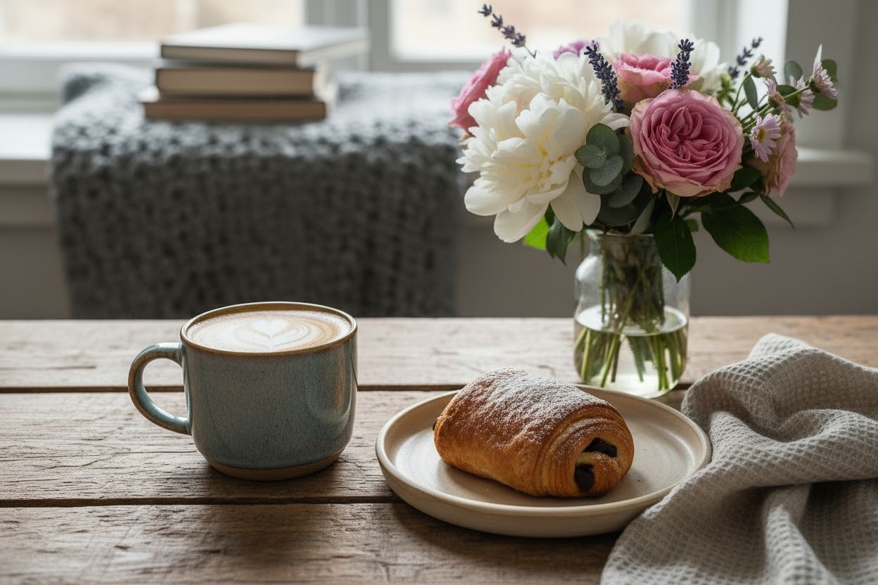 Make the coffee a latte, the pastry a pan au chocolate, and the flowers a bouquet